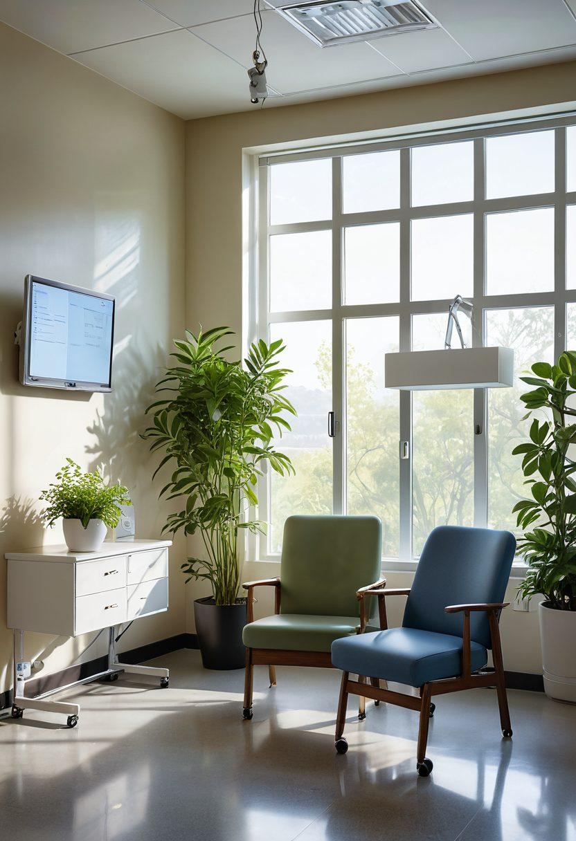 A serene hospital setting illustrating a compassionate nurse attending to a dialysis patient, with glowing patient metrics on a screen beside them. Bright natural light pouring in through a window, symbolizing hope and recovery. Include elements like a plant and a soothing color palette to enhance tranquility. super-realistic. vibrant colors. warm atmosphere.