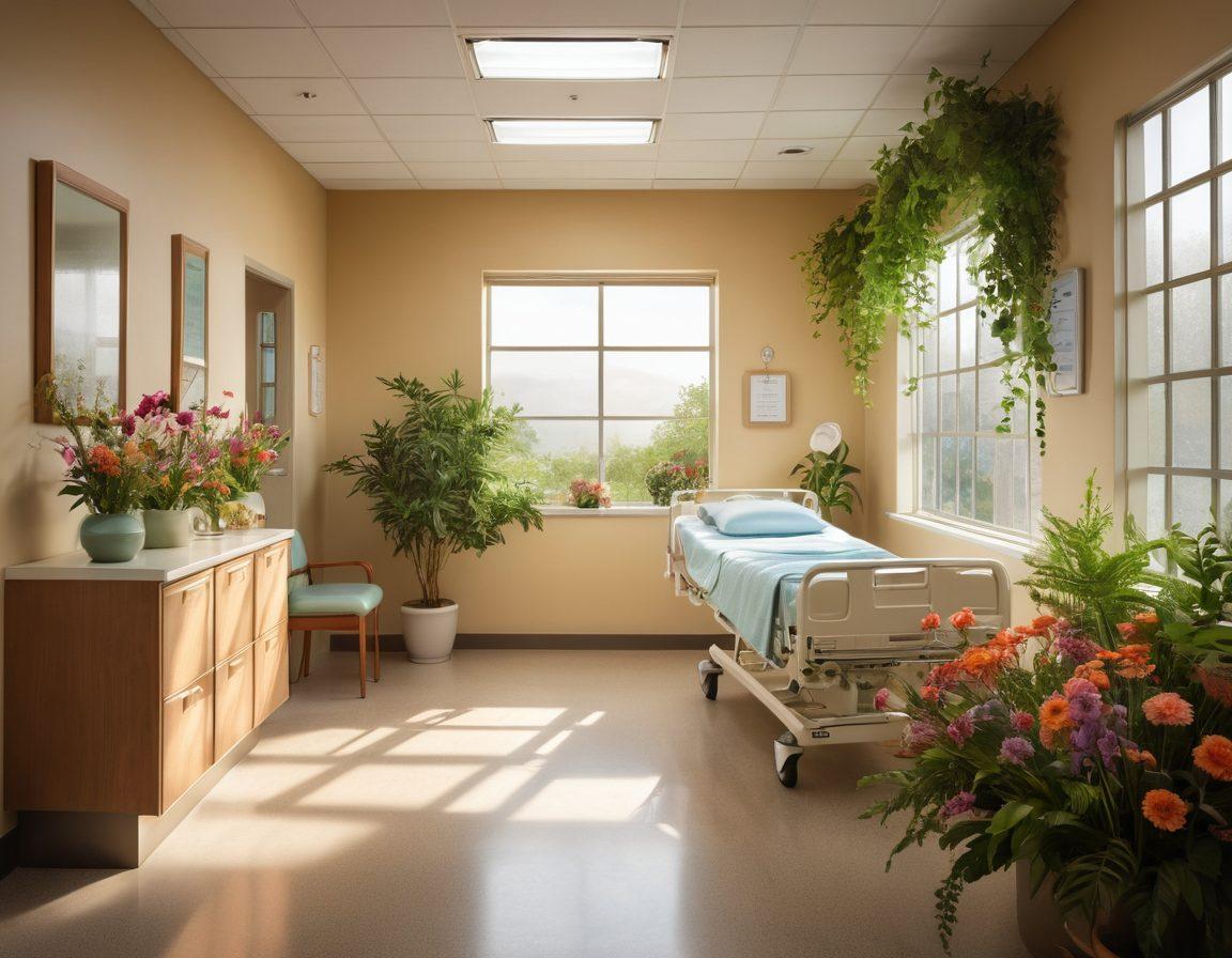 A tranquil hospital scene featuring a compassionate nurse interacting with a patient in a renal care unit, surrounded by blooming plants symbolizing hope. The background includes visual elements of ethical scales and philosophical quotes subtly integrated into the environment. Soft lighting enhances the caring atmosphere. super-realistic. vibrant colors. calming tones.